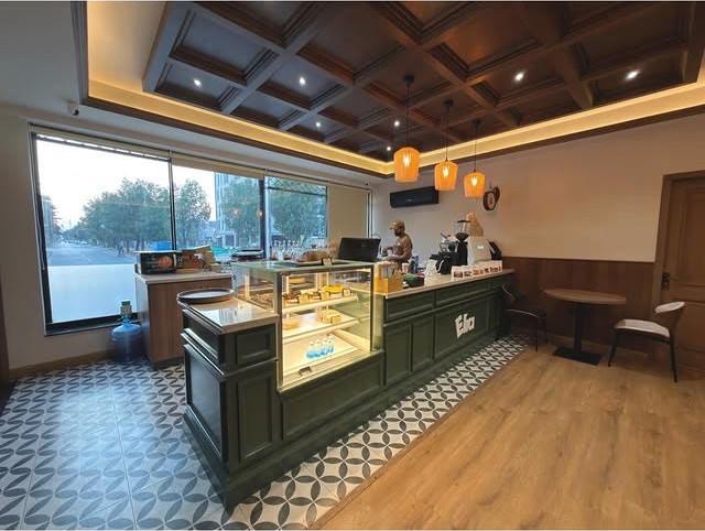 The green counter under brass pendant lights