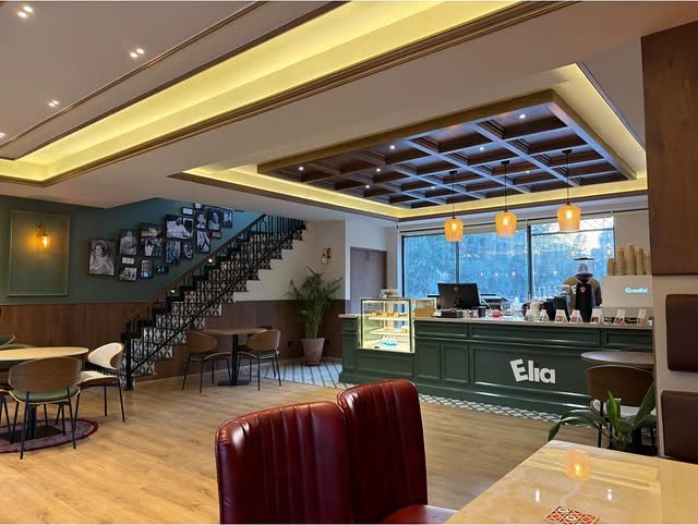 Leather lounge couches in the upstairs seating